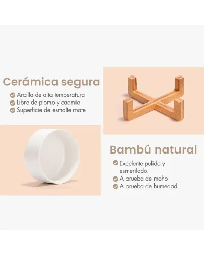 Comedero perro gato de cerámica simple con base de bambú