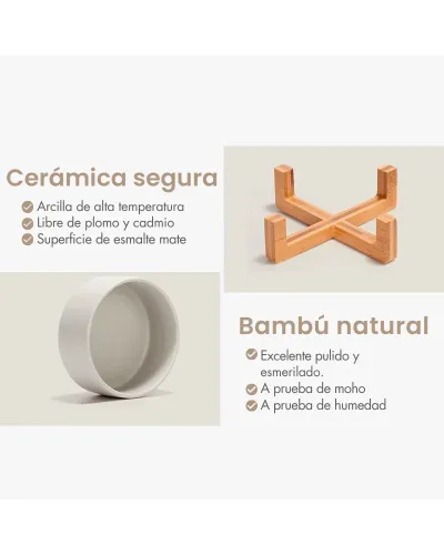 Comedero perro gato de cerámica simple con base de bambú