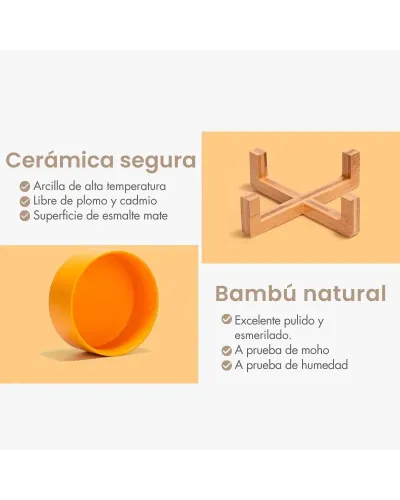 Comedero perro gato de cerámica simple con base de bambú