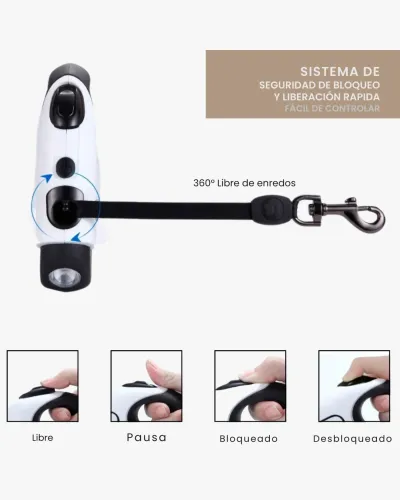 Correa perro extensible y retráctil de 5 metros con linterna LED